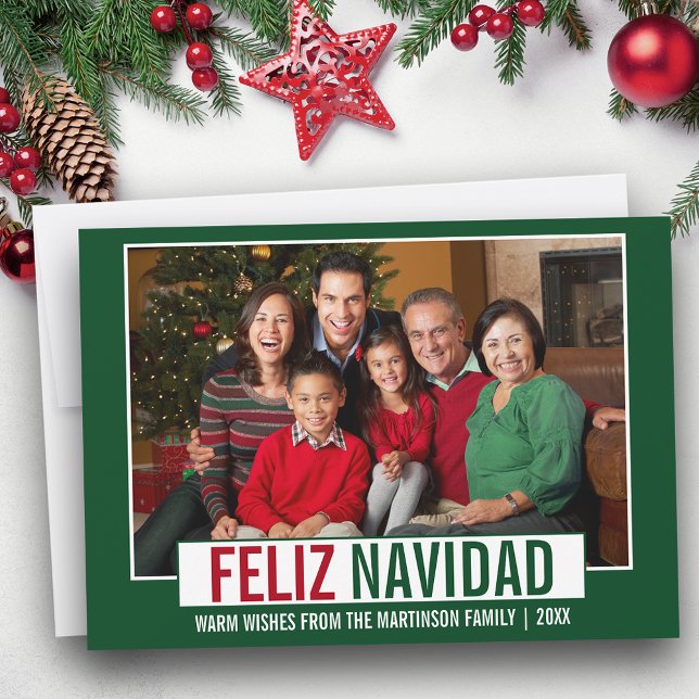 Modern Feliz Navidad Foto Green Feiertagskarte (Customize to add text to back of card.)