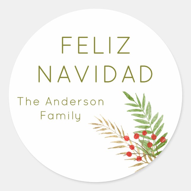 Modern Feliz Navidad Holly Spanisch Weihnachten Runder Aufkleber (Vorderseite)