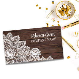 Modern Feminine Girl Rustic White Lace Woodgrain Visitenkarte