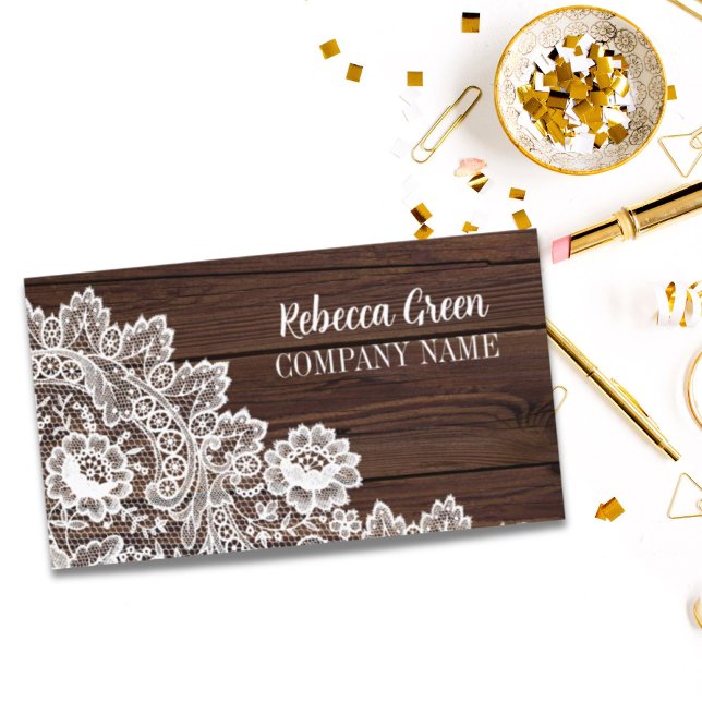 Modern Feminine Girl Rustic White Lace Woodgrain Visitenkarte (Modern Feminine Girly Rustic White Lace Woodgrain Business Card)