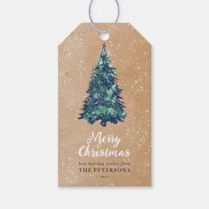 Modern Festival Snowy Green Christmas Tree Kraft Geschenkanhänger