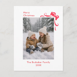 Modern Festive Red Bow Merry Christmas Photo Feiertagspostkarte