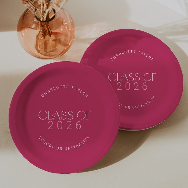 Modern Fete | Hot Pink Class 2025 Abschluss Pappteller (Modern Fete | Hot Pink Class of 2026 Graduation Paper Plates)