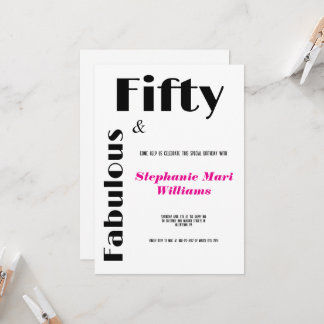 Modern Fifty and Fabulous black pink Birthday Einladung