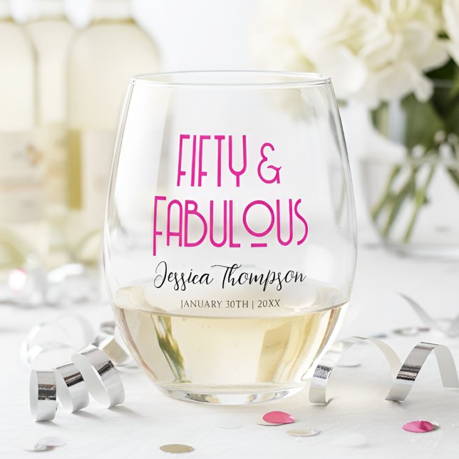 Modern Fifty and Fabulous Name 50th Birthday Party Weinglas Ohne Stiel (Elegant and modern fifty and fabulous art deco personalized name stemless wine glass.)