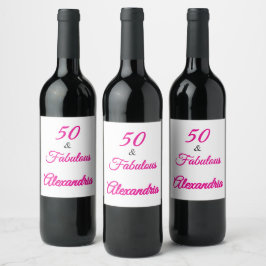 Modern Fifty & Fabulous Bold Pink Script Birthday  Weinetikett