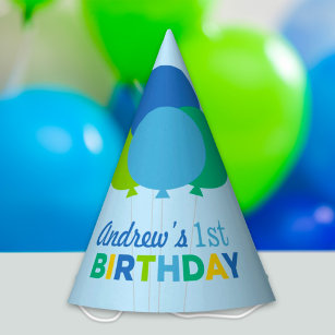 Modern First Birthday Boy Blue Green Balloons Partyhütchen