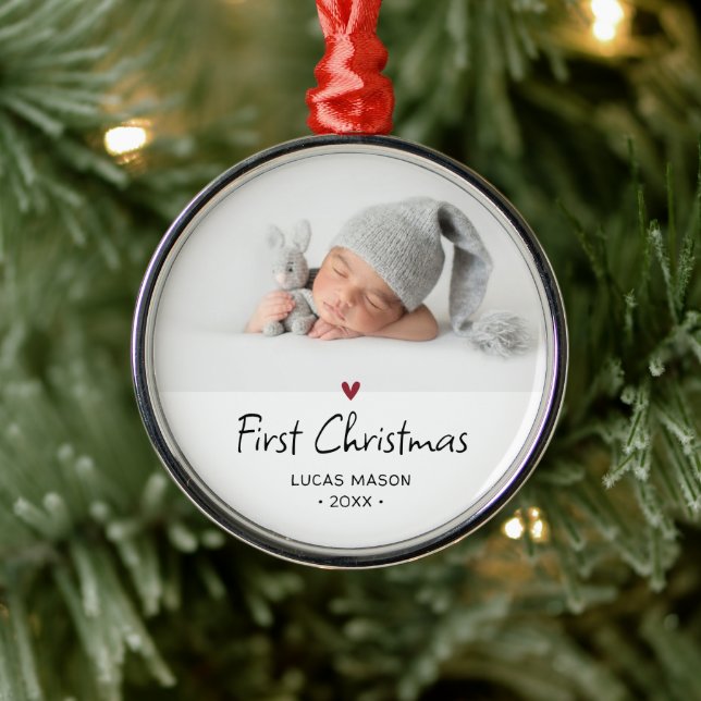 Modern First Christmas Baby Foto Ornament Aus Metall (Baum)