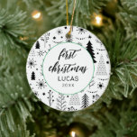 Modern First Christmas Foto Baby Keramik Ornament<br><div class="desc">Baby's First Weihnachtsfeiertag Dekoration. Weihnachtsbaum,  Grünpflanzen,  schwarzes Schneeflocken mit Platz für Babynamen,  Jahr und Ihr Lieblings-Foto auf der Rückseite.</div>