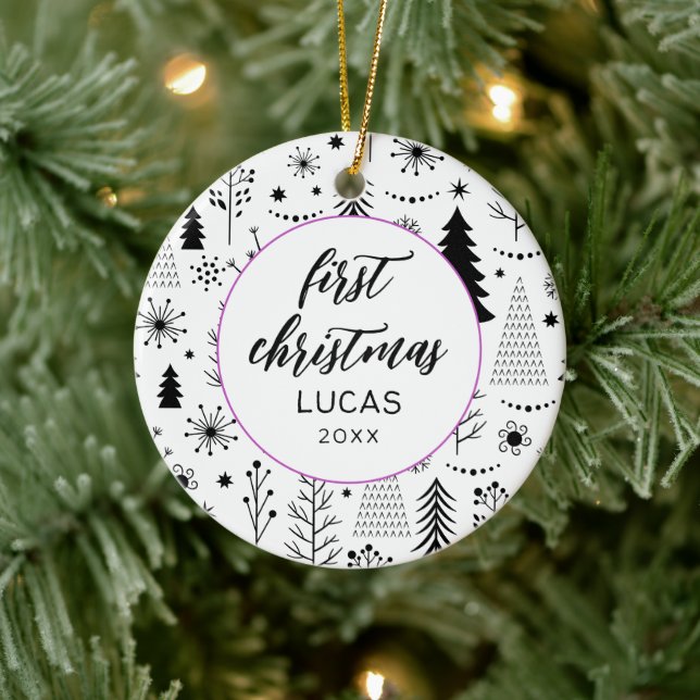 Modern First Christmas Foto Baby Keramik Ornament (Baum)