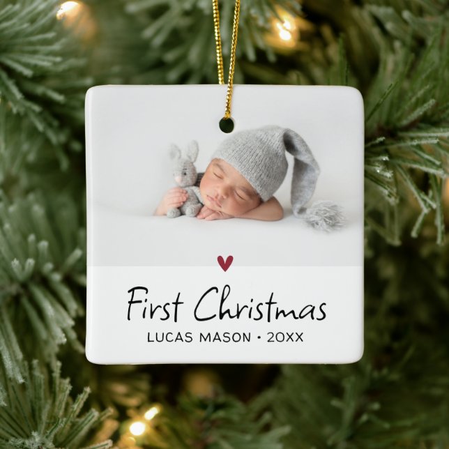 Modern First Christmas Foto Baby Keramikornament (Baum)
