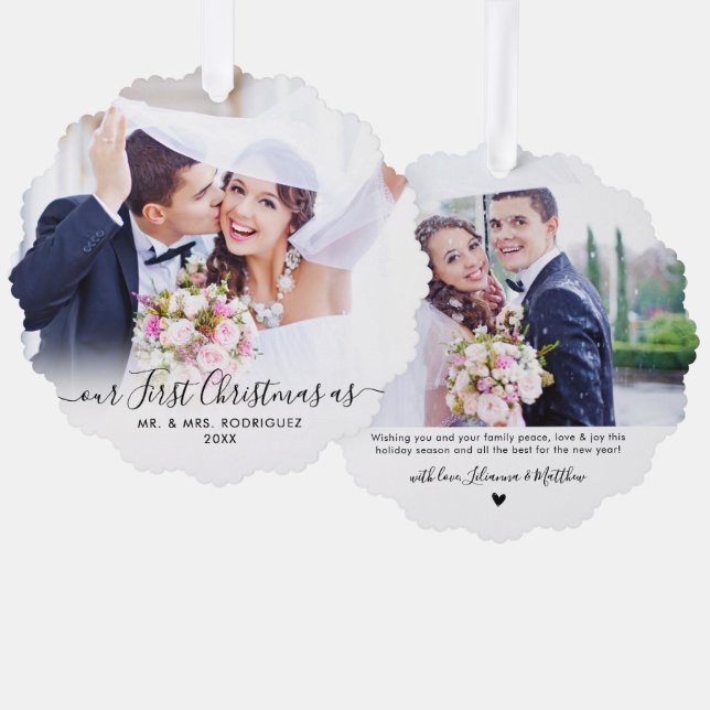 Modern First Christmas Verheiratet 2 Foto Weihnach Ornament Karte (Vorderseite/Rückseite)
