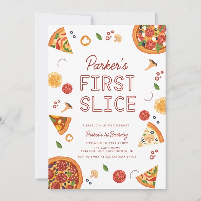 Modern First Slice Pizza zum ersten Geburtstag Einladung (Vorderseite)