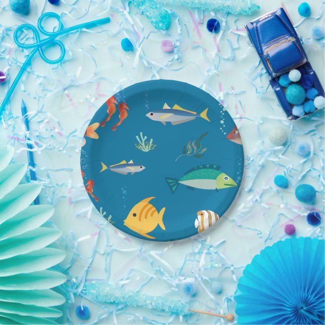 Modern Fish and Seahorse illustrated Pattern Blue Pappteller (Party)