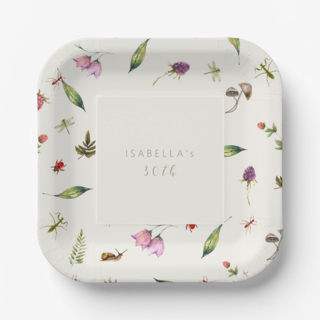 Modern Floral 30. Grüne Berries Insekten Pappteller (Vorderseite)