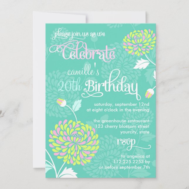 Modern Floral Aquamarin & Pink Extravagant Geburts Einladung (Vorderseite)