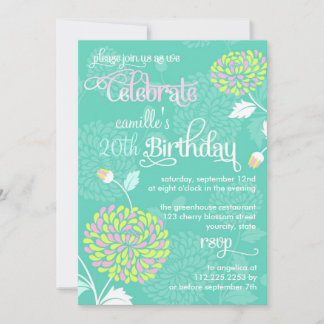 Modern Floral Aquamarin & Pink Extravagant Geburts Einladung