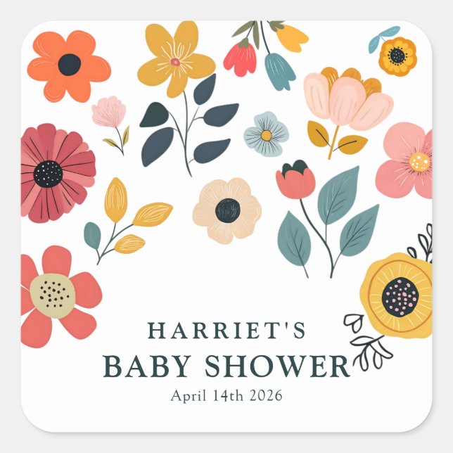 Modern Floral Baby Shower Quadratischer Aufkleber (Vorderseite)