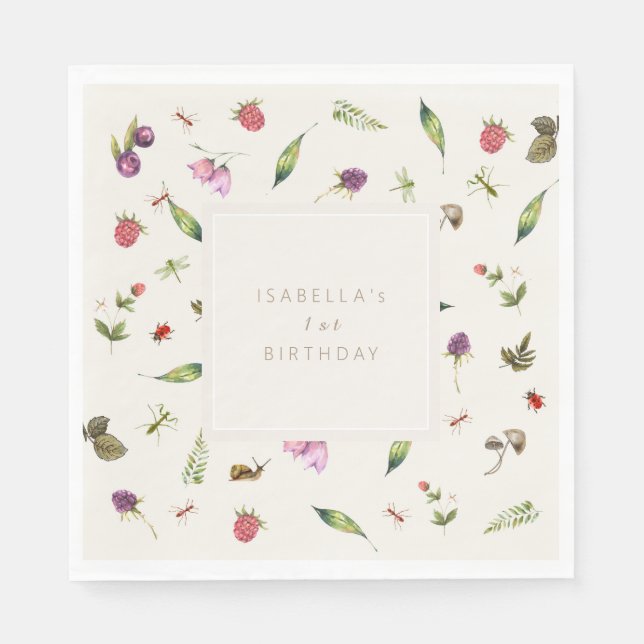 Modern Floral Birthday Grüne Berries Insekten Serviette (Vorderseite)