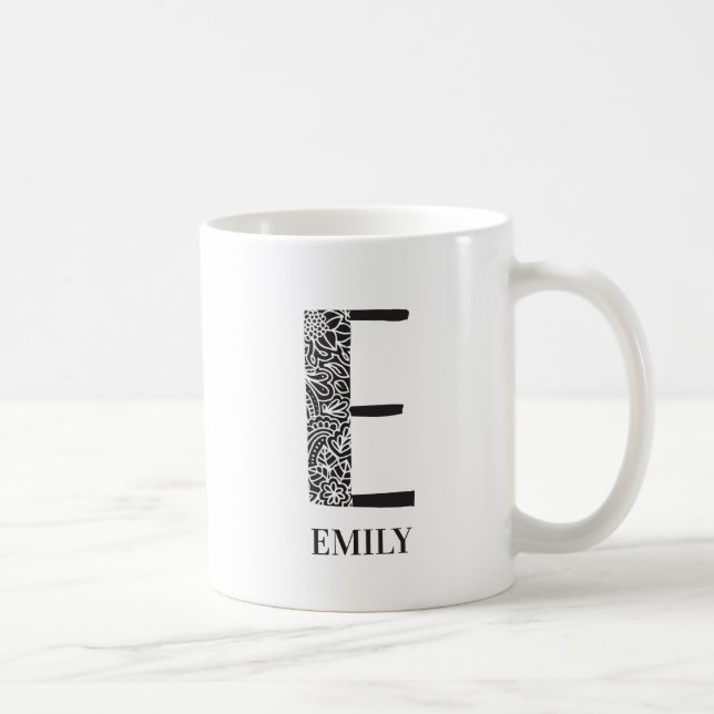 Modern Floral Black and White Initial E and Name Kaffeetasse (Rechts)