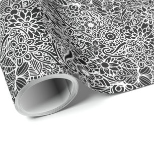 Modern Floral Black White Wrapping Paper Geschenkpapier