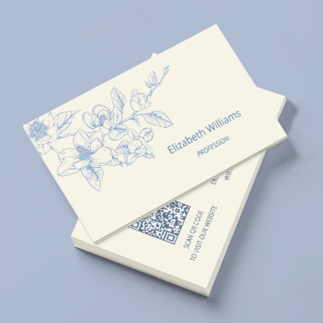 Modern Floral Blue Cream Magnolia | QR-Code Visitenkarte (Von Creator hochgeladen)