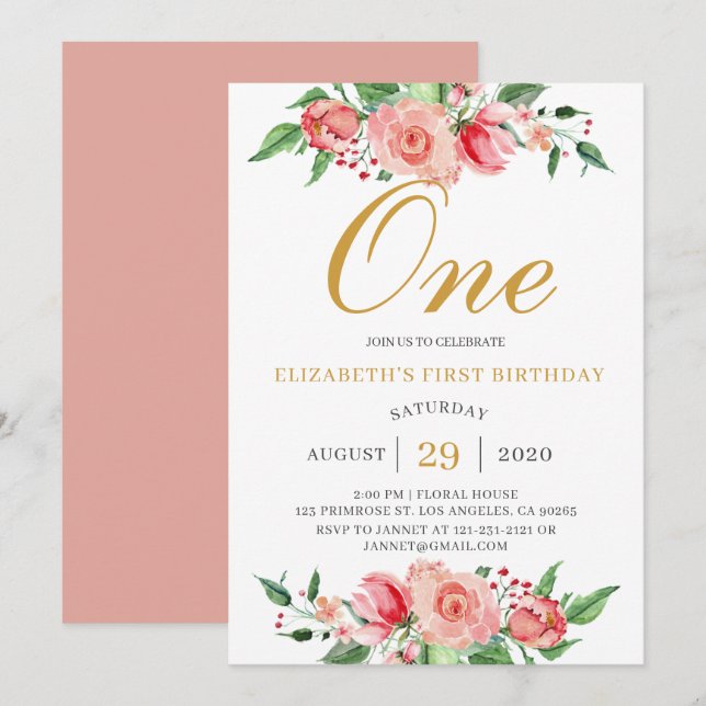 Modern Floral Blush Pink Gold Wasserfarbe Geburtst Einladung (Vorne/Hinten)