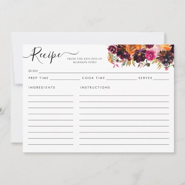 Modern Floral Burgund Terracotta Rosa Rezept Karte (Vorderseite)