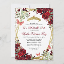 Modern Floral Burgundy Red Gold Tiara Quinceañera