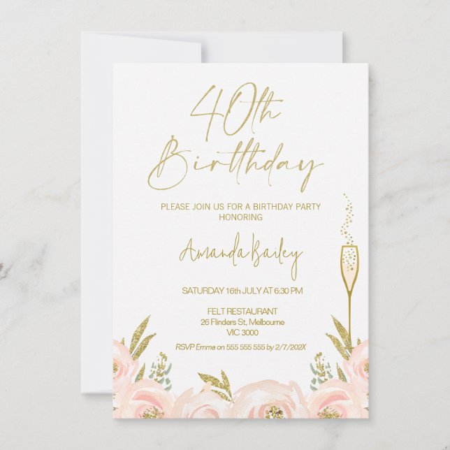 Modern Floral Champagne Glass 40. Geburtstag Einladung (Vorderseite)