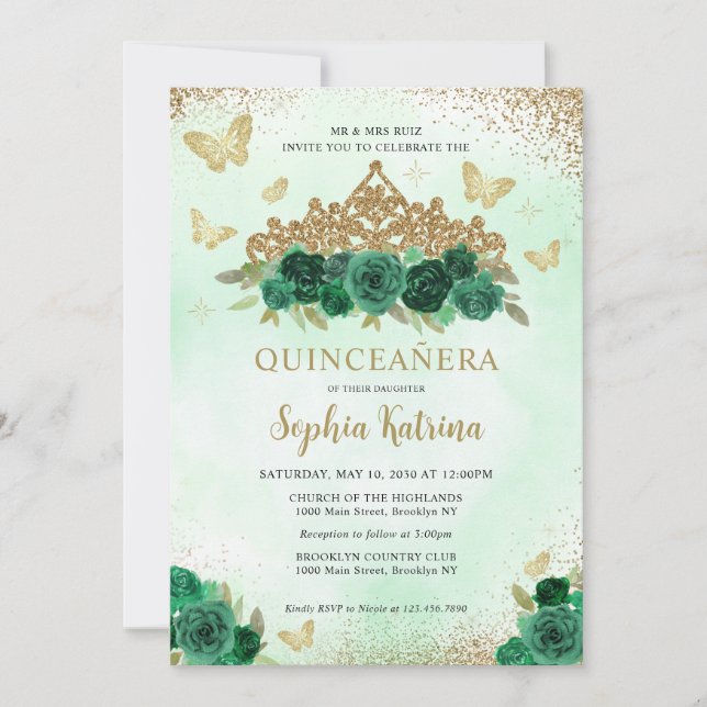 Modern Floral Emerald Green Gold Tiara Quinceañera Einladung (Vorderseite)
