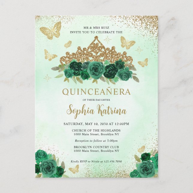 Modern Floral Emerald Green Gold Tiara Quinceañera Postkarte (Vorderseite)