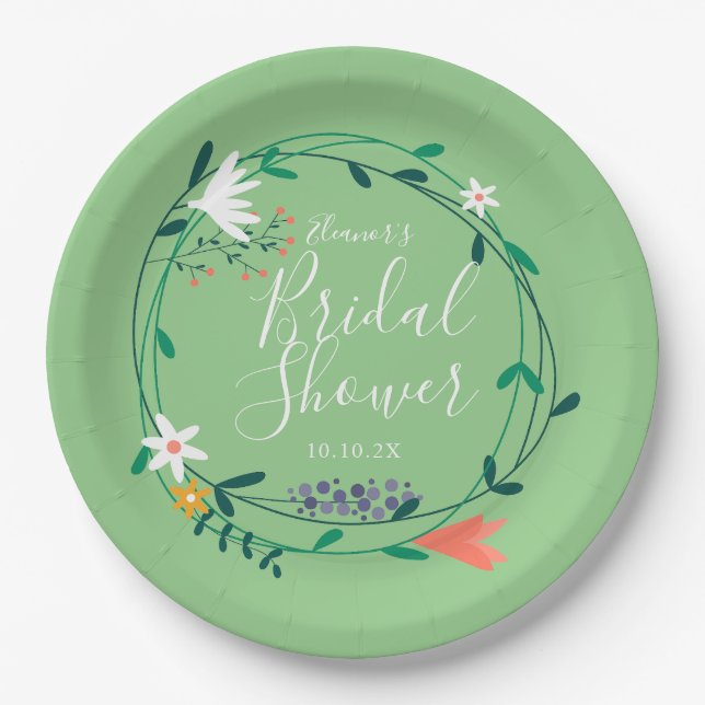 Modern Floral Garland Elegantes Script Brautparty Pappteller (Vorderseite)