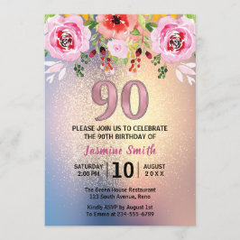 Modern Floral Gold Glitzer 90. Geburtstag Einladung