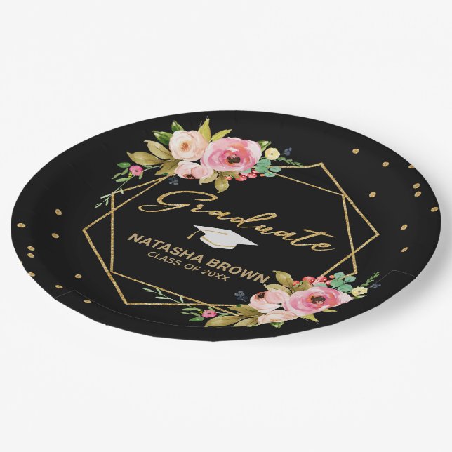 Modern Floral Gold Glitzer Geometrischer Abschluss Pappteller (Schrägansicht)