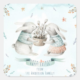Modern Floral Happy Oaster wünscht Boho Bunny Quadratischer Aufkleber
