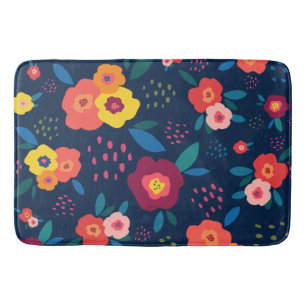Modern Floral Muster Blau Korallengelb Botanisch Badematte