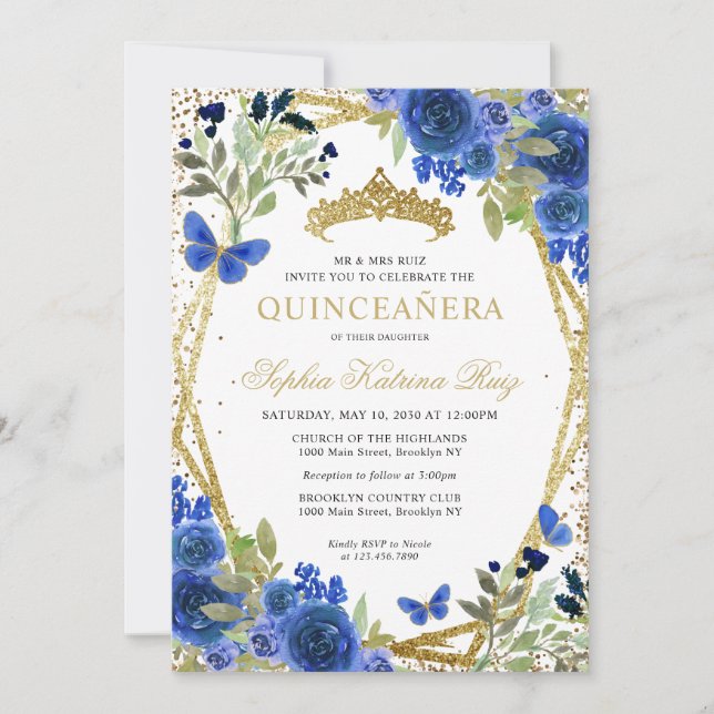 Modern Floral Navy Blue Gold Tiara Quinceañera Einladung (Vorderseite)