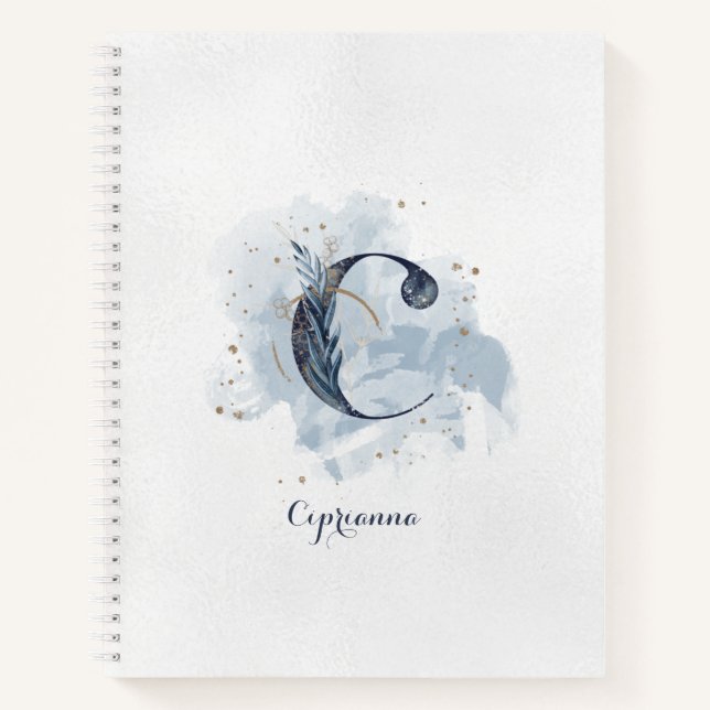 Modern Floral Personal Monogram Letter C Blue Gold Notizbuch (Vorderseite)