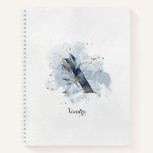 Modern Floral Personal Monogram Letter X Blue Gold