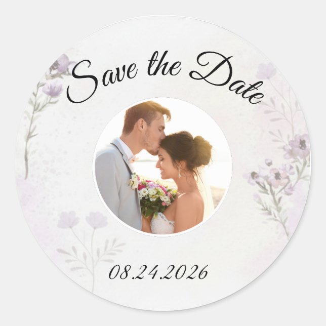 Modern Floral Photo Save the Date Runder Aufkleber (Vorderseite)