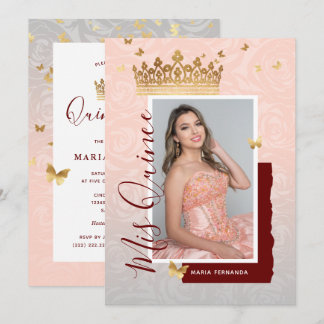 Modern Floral Pink Gold Elegantes Foto Quinceanera Einladung