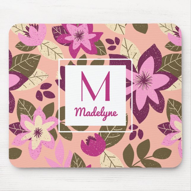 Modern Floral Pink Orange Muster Monogram Mousepad (Vorne)