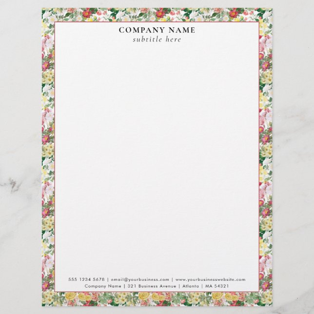 Modern Floral Roses Pattern Company Name Details Briefbogen (Vorderseite)