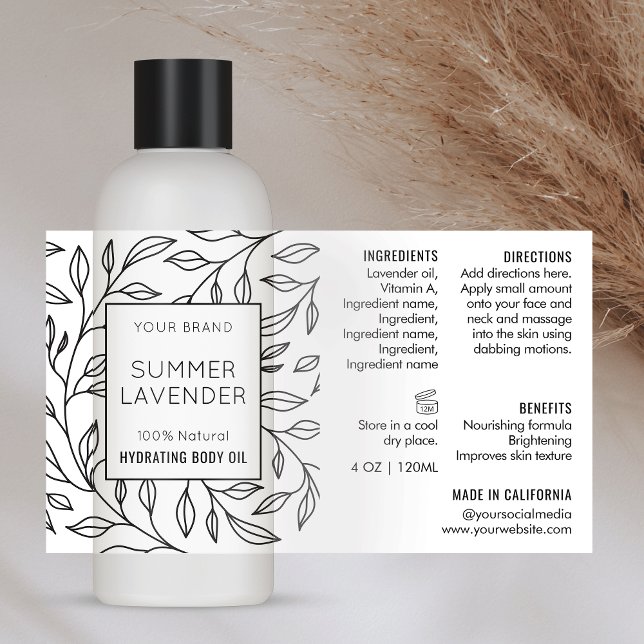 Modern Floral Simple 4 OZ Cosmetic Flasche Label Rechteckiger Aufkleber (Minimalist black and white floral design cosmo bottle wrapper style label design)