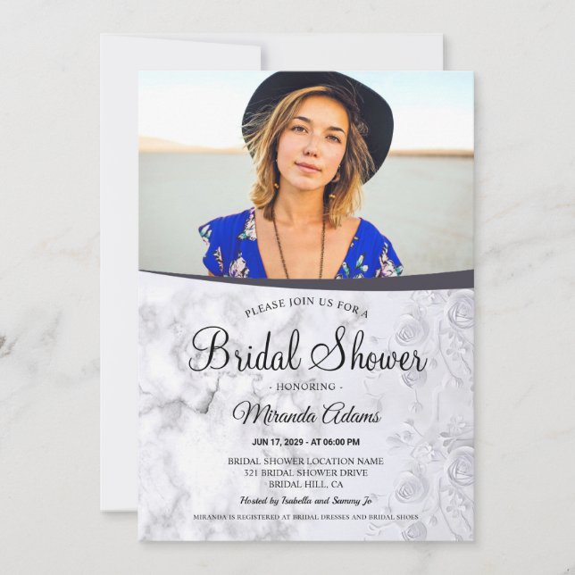 Modern Floral White Marble Foto von Bridal Shower Einladung (Vorderseite)