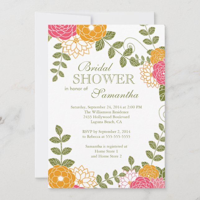 Modern Floral Zinnia & Mums Blume Brautparty Einladung (Vorderseite)