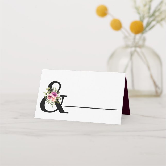 Modern floraler Ampersand Pflaume Pink Peach & Bla Platzkarte (Vorderseite)