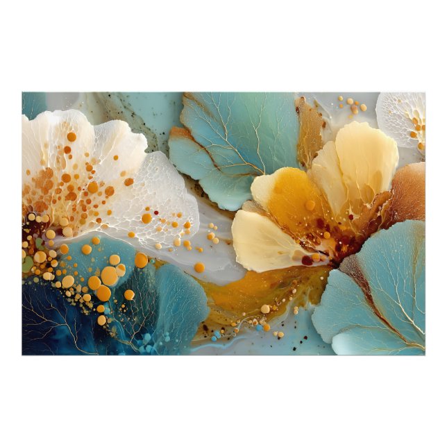 Modern Fluid Abstract Teal Gold Bubbles & Veins Fotodruck (Vorne)