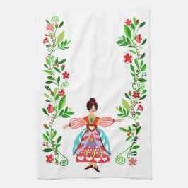 Modern Folk Art Style Flower Garden Girl Geschirrtuch